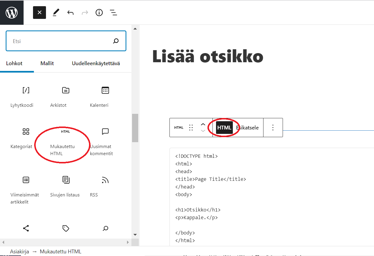 Mukautettu HTML - Ohjeet